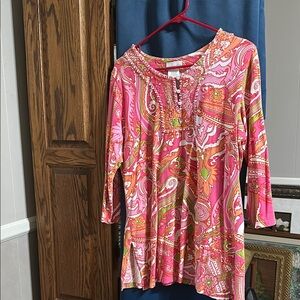 Soft Surroundings Pink Graphic Tunic with Mandarin Collar
